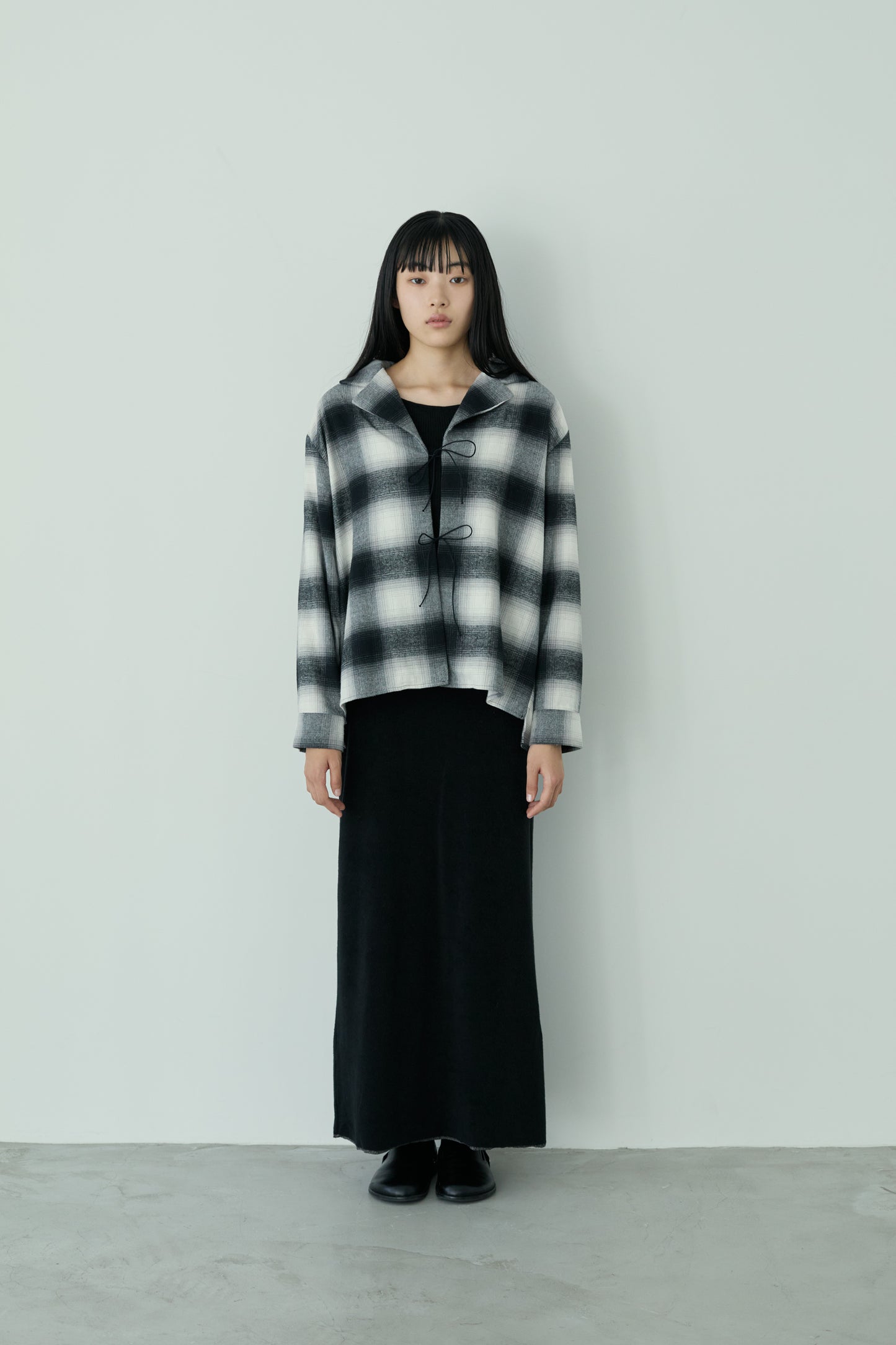 <Re stock>  check ribon open shirt