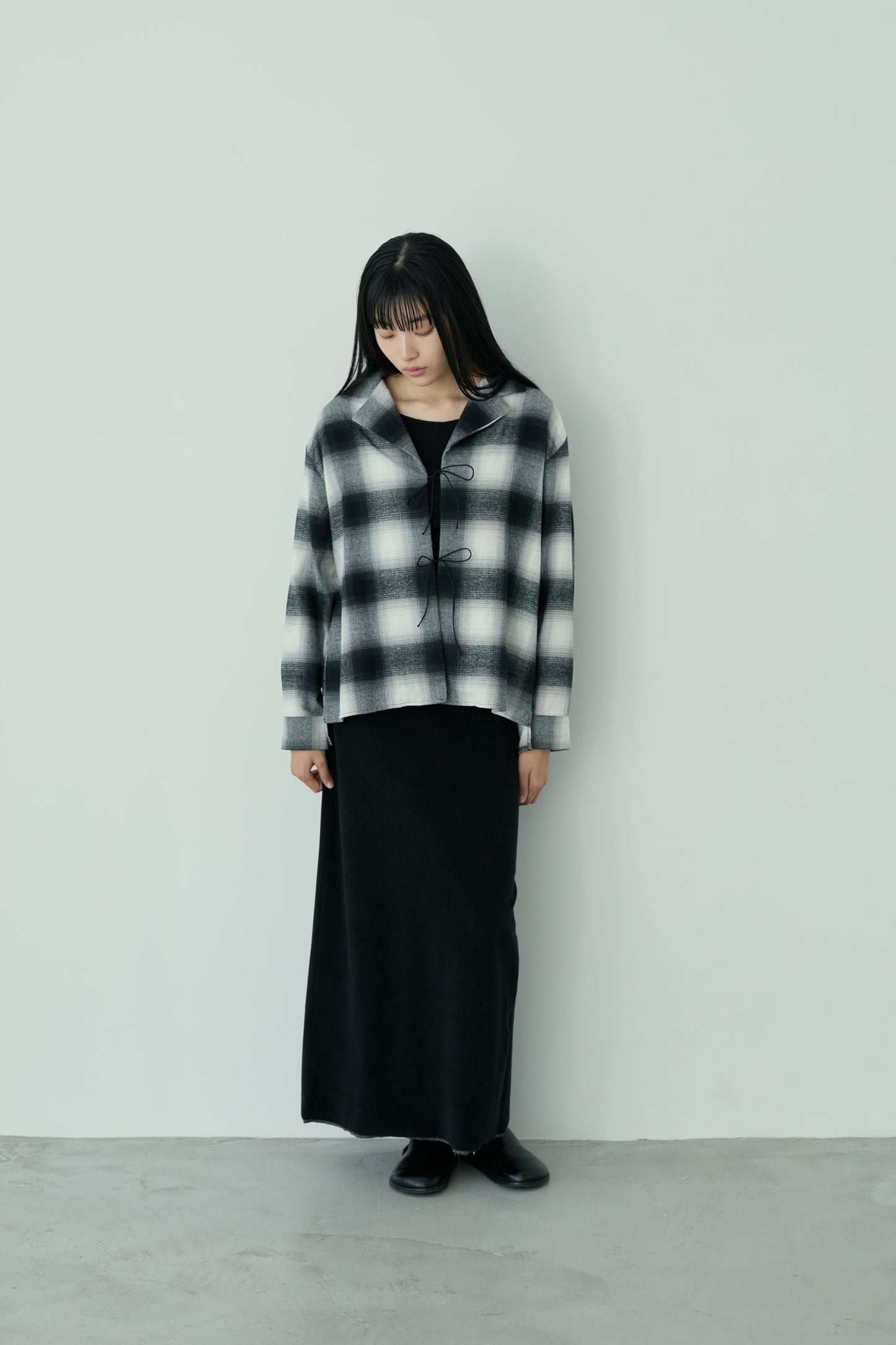 <Re stock>  check ribon open shirt