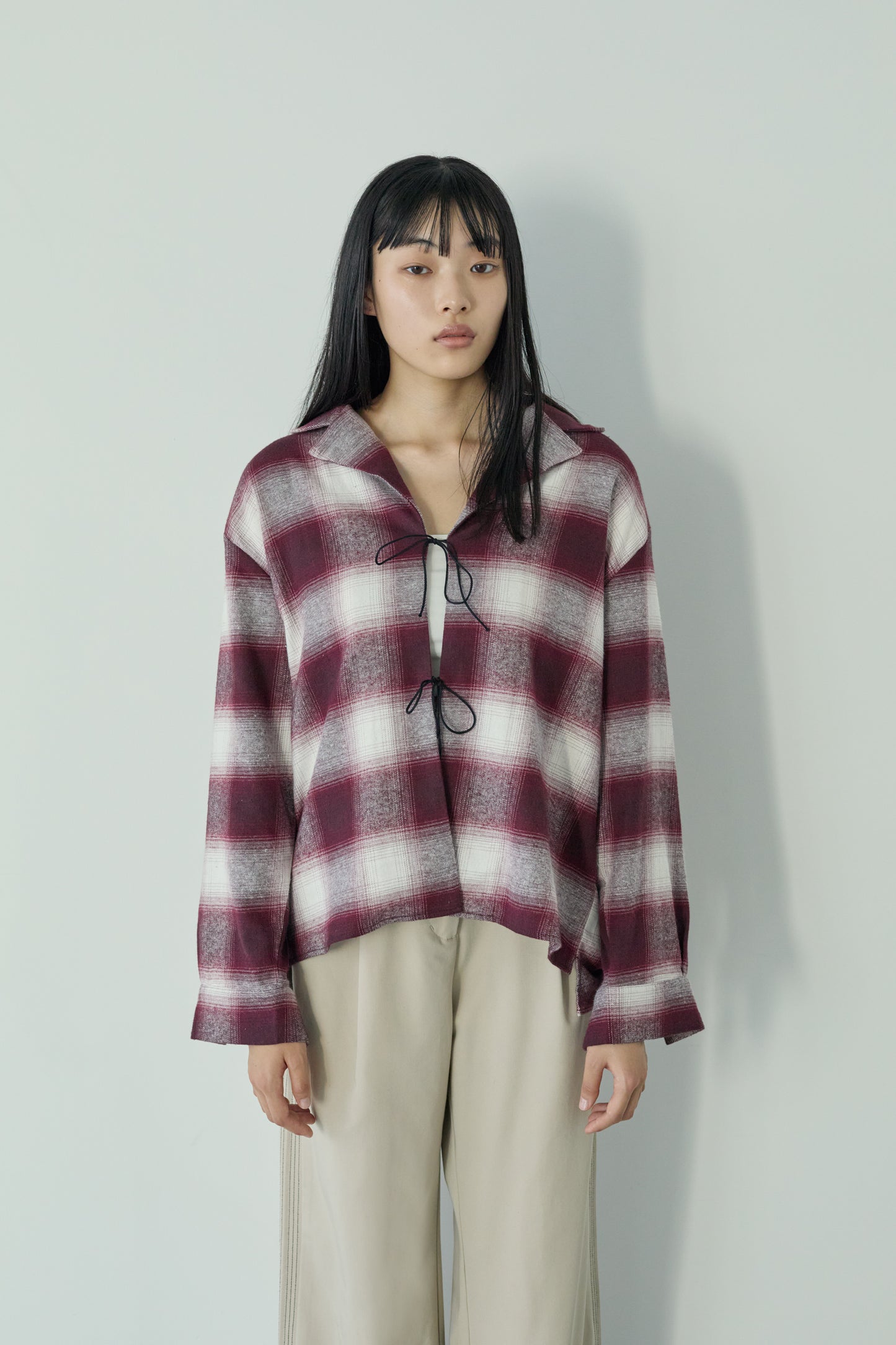 <Re stock>  check ribon open shirt